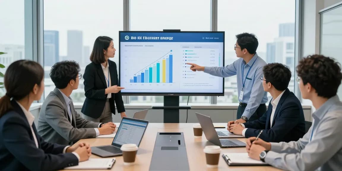 Team discussing big six energy suppliers in a modern office setting, analyzing data on energy quotes.
