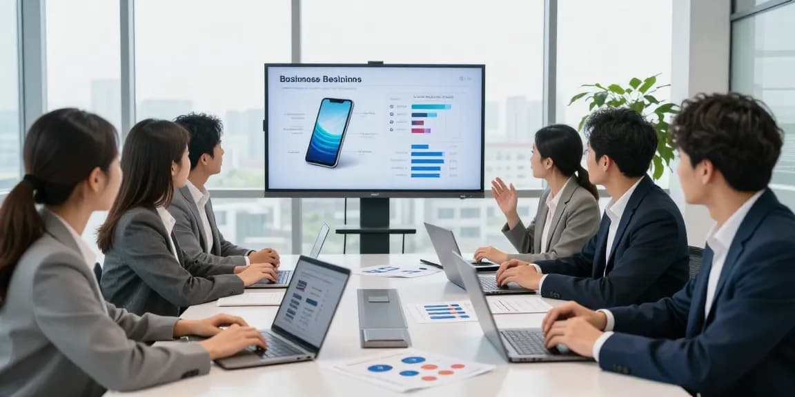 Business mobile comparison UK team collaborating in a modern office meeting.