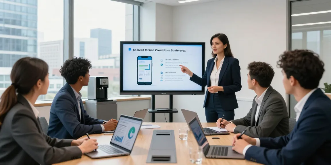 Team evaluating which business mobile provider is best UK in a modern conference room.