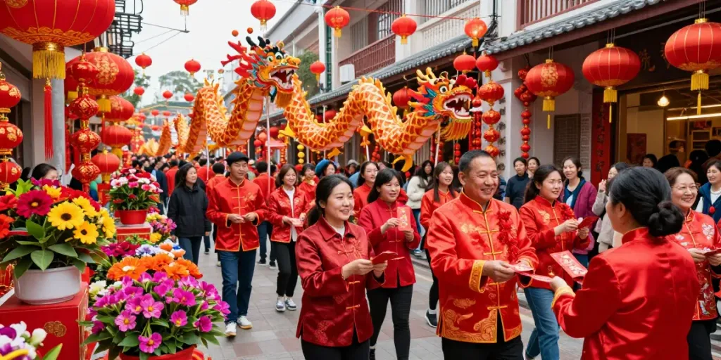 Celebration of luck and prosperity at a vibrant rokok88-themed Chinese New Year event with red decorations and traditional outfits.