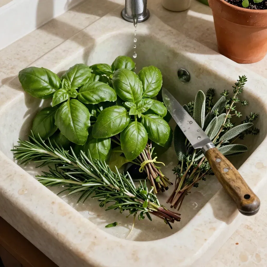 Erbe aromatiche appena tagliate in un lavello di pietra con vasi di terracotta e coltello.