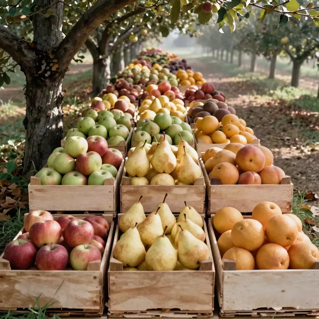 Cassette di frutta del frutteto sotto un melo, con viale sfocato sullo sfondo.