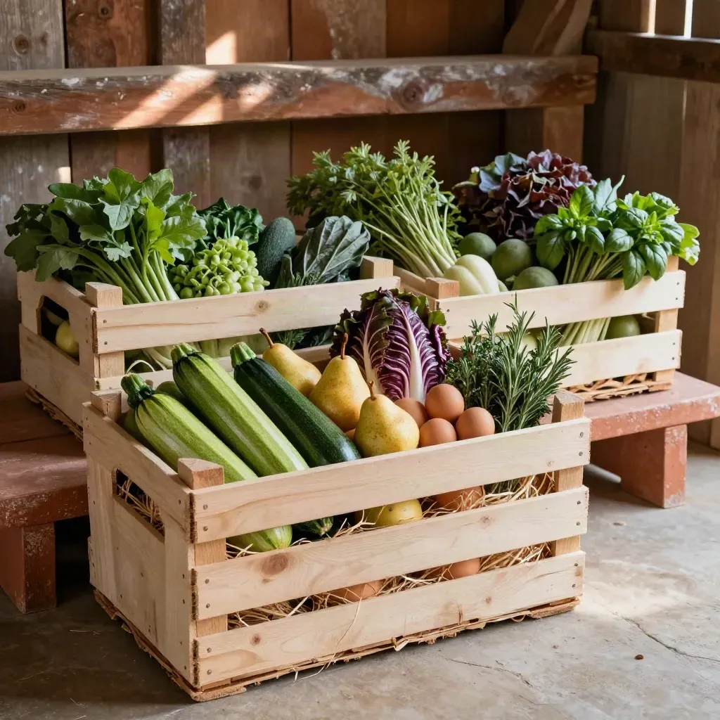 Tre cassette miste con verdure, frutta, uova ed erbe su banco rustico in luce drammatica.