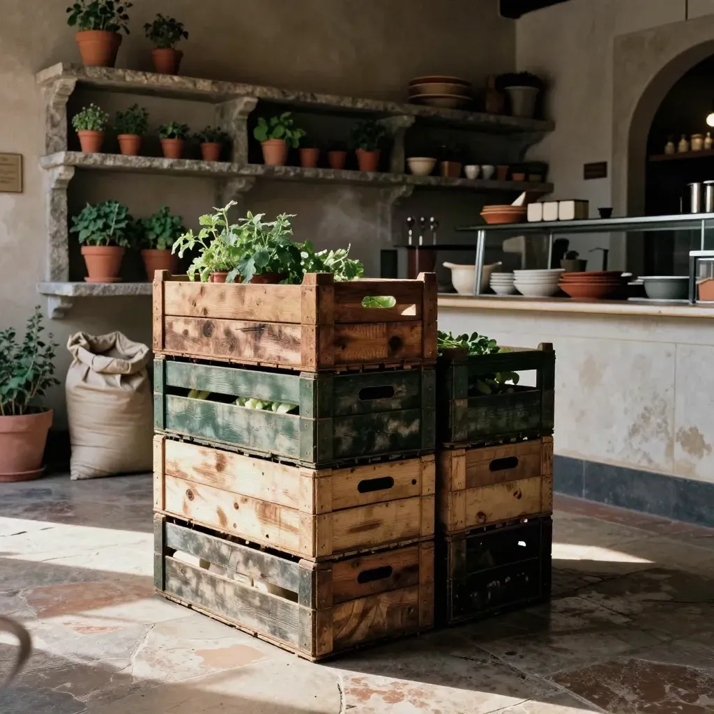 Casse verdi e vasi di terracotta in una dispensa rustica di trattoria fiorentina.