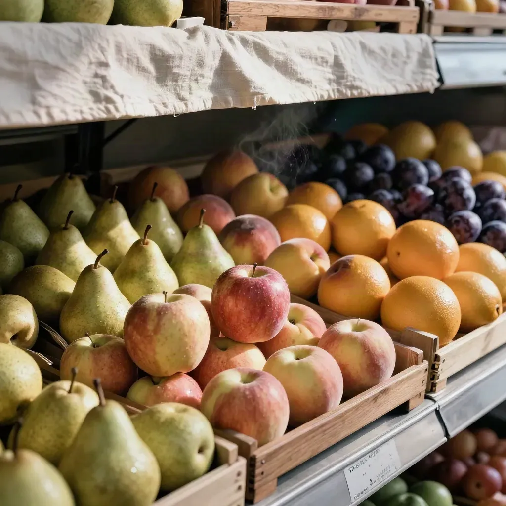 Banco frutta pieno di mele, pere, pesche, agrumi e susine sotto tenda chiara.
