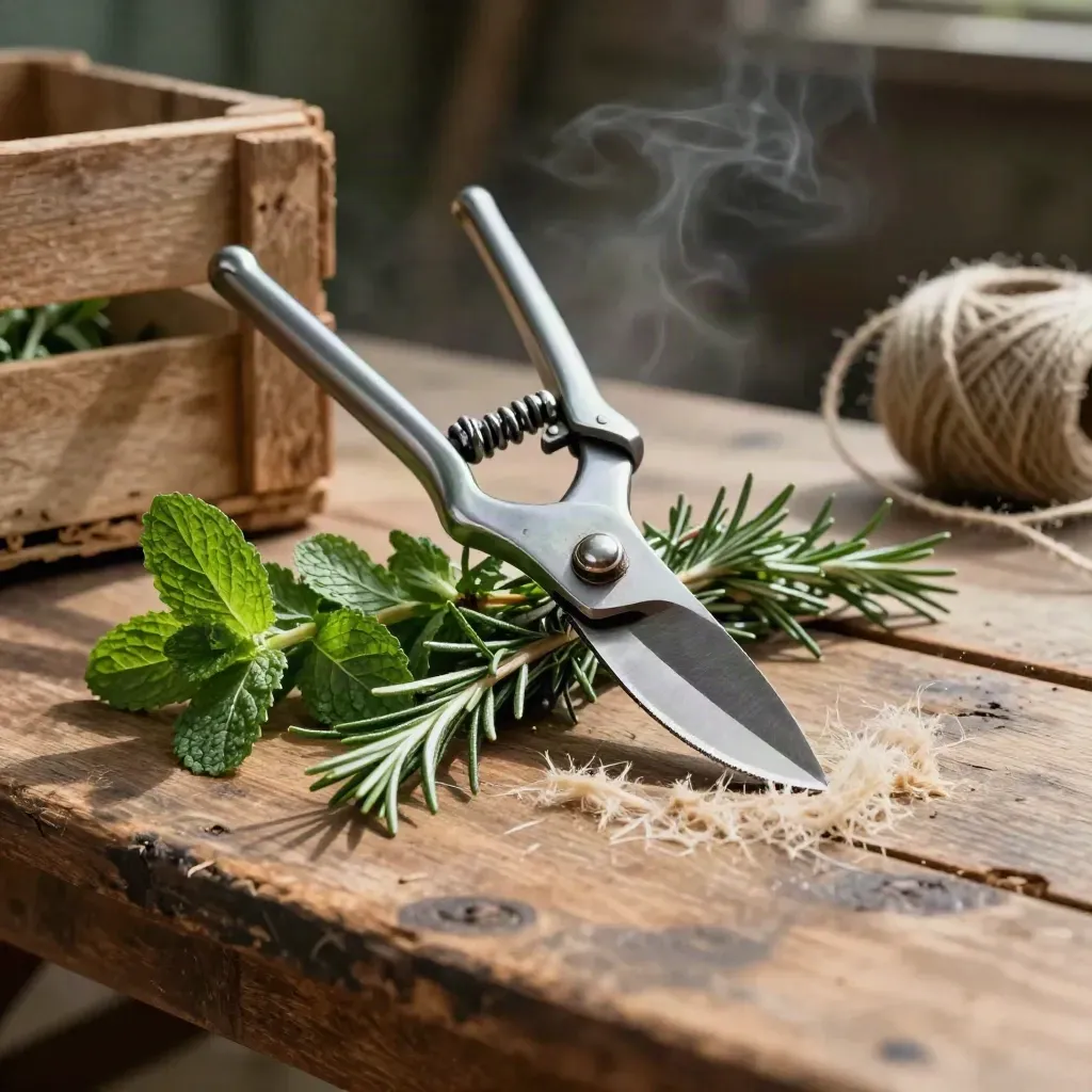 Forbici da raccolta con erbe tagliate, cassetta in legno e spago su banco rustico.