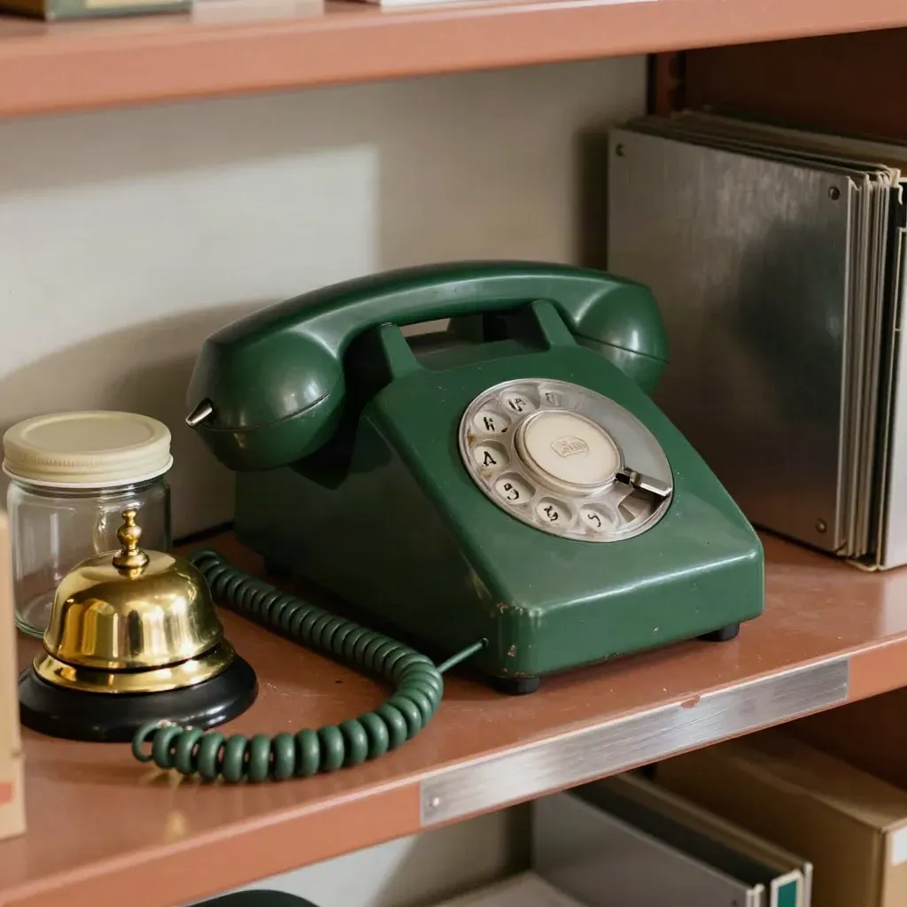 Telefono fisso, campanello d’ottone e barattolo campione su scaffale da spedizione.