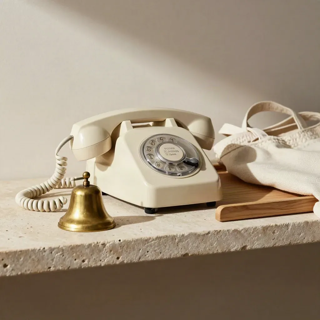 Telefono crema, campanello in ottone e tote intrecciata su vassoio di legno chiaro.