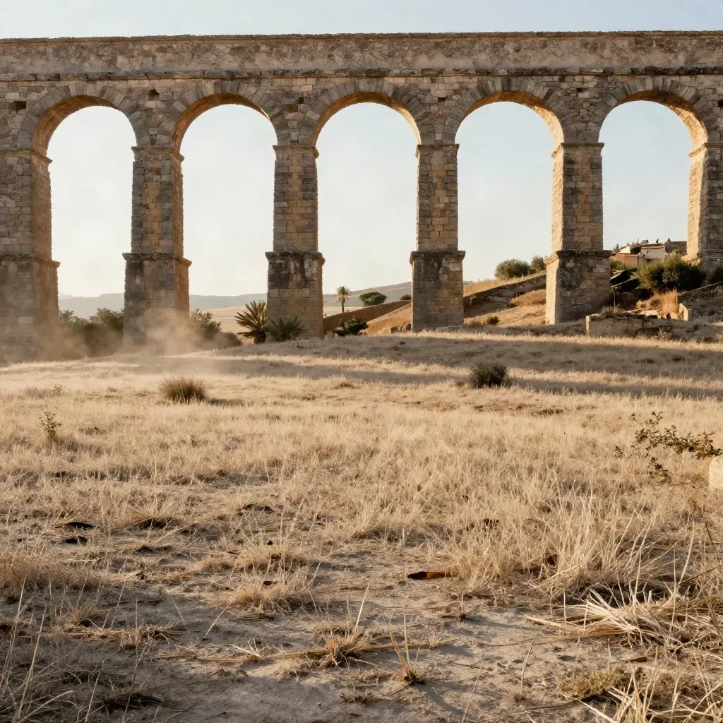 Archi di un acquedotto romano sopra un prato secco al tramonto, con foschia calda.