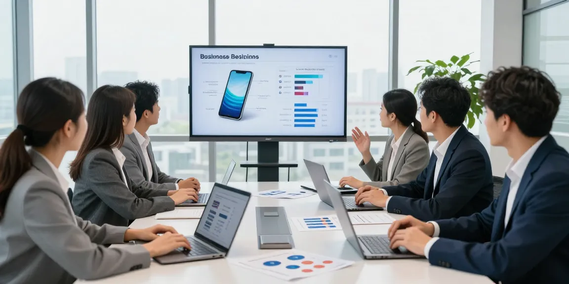 Business mobile comparison UK team collaborating in a modern office meeting.